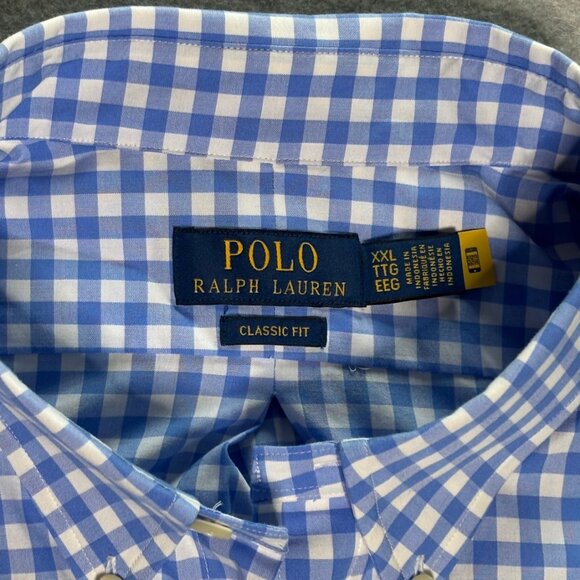 Polo Ralph Lauren Cotton/Stretch Blue Check Classic Fit Button Up Shirt XXL Pony - Picture 1 of 9